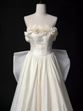 Niulatu A line Strapless Satin White Long Wedding Dresses Brides Dress SD0088