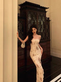 Niulatu Sheath Strapless Floral Ivory Long Prom Dresses Birthday Outfits Evening Gown SD1001