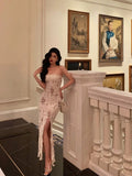 Niulatu Sheath Strapless Floral Ivory Long Prom Dresses Birthday Outfits Evening Gown SD1001