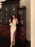 Niulatu Sheath Strapless Floral Ivory Long Prom Dresses Birthday Outfits Evening Gown SD1001