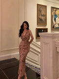 Niulatu Sheath V Neckline Long Pink Floral Prom Dresses Birthday Outfits Evening Gown SD1002