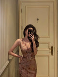 Niulatu Sheath V Neckline Long Pink Floral Prom Dresses Birthday Outfits Evening Gown SD1002