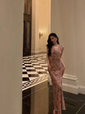 Niulatu Sheath V Neckline Long Pink Floral Prom Dresses Birthday Outfits Evening Gown SD1002