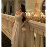 Niulatu A line Square Neckline White Satin Prom Dresses Birthday Outfits Evening Gown SD1003