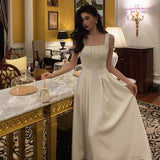 Niulatu A line Square Neckline White Satin Prom Dresses Birthday Outfits Evening Gown SD1003