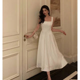 Niulatu A line Square Neckline White Satin Prom Dresses Birthday Outfits Evening Gown SD1003