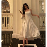 Niulatu A line Square Neckline White Satin Prom Dresses Birthday Outfits Evening Gown SD1003
