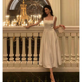 Niulatu A line Square Neckline White Satin Prom Dresses Birthday Outfits Evening Gown SD1003