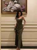 Niulatu Sheath Spaghetti Straps Green Satin Long Prom Dresses Evening Gowns SD1005