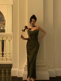 Niulatu Sheath Spaghetti Straps Green Satin Long Prom Dresses Evening Gowns SD1005