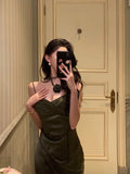 Niulatu Sheath Spaghetti Straps Green Satin Long Prom Dresses Evening Gowns SD1005