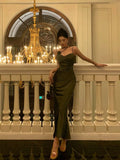 Niulatu Sheath Spaghetti Straps Green Satin Long Prom Dresses Evening Gowns SD1005