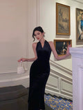 Niulatu Sheath V neckline Black Velvet Long Prom Dresses Evening Gowns SD1006