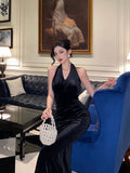 Niulatu Sheath V neckline Black Velvet Long Prom Dresses Evening Gowns SD1006