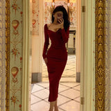 Niulatu Sheath V Neckline Long Sleeves Red Prom Dresses Birthday Outfits Evening Gown SD1009