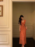 Niulatu A line V neckline Orange Chiffon Long Prom Dresses Birthday Outfits Evening Gown SD1011
