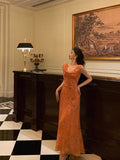 Niulatu A line V neckline Orange Chiffon Long Prom Dresses Birthday Outfits Evening Gown SD1011