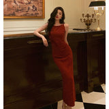 Niulatu Sheath Jewel Neckline Red Long Prom Dresses Birthday Outfits Evening Gown SD1012