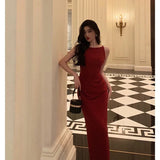 Niulatu Sheath Jewel Neckline Red Long Prom Dresses Birthday Outfits Evening Gown SD1012