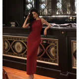 Niulatu Sheath Jewel Neckline Red Long Prom Dresses Birthday Outfits Evening Gown SD1012