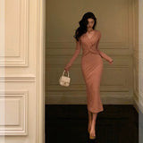 Niulatu Sheath V Neckline Pink Pleated Prom Dresses Birthday Outfits Evening Gown SD1016