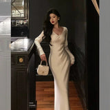 Niulatu Sheath V Neckline Ivory Long Prom Dresses Birthday Outfits Evening Gown SD1017