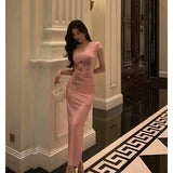 Niulatu Sheath Square Neckline Pink Prom Dresses Slit Birthday Outfits Evening Gown SD1021