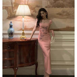 Niulatu Sheath Square Neckline Pink Prom Dresses Slit Birthday Outfits Evening Gown SD1021