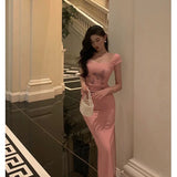 Niulatu Sheath Square Neckline Pink Prom Dresses Slit Birthday Outfits Evening Gown SD1021