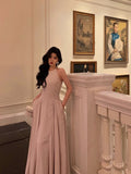 Niulatu A Line Scoop Neckline Long Light Pink Prom Dresses Birthday Outfits Evening Gown SD1024