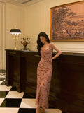 Niulatu Sheath Square Neckline Floral Pink Prom Dresses Birthday Outfits Evening Gown SD1025
