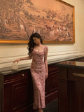 Niulatu Sheath Square Neckline Floral Pink Prom Dresses Birthday Outfits Evening Gown SD1025