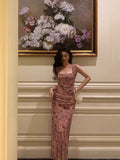 Niulatu Sheath Square Neckline Floral Pink Prom Dresses Birthday Outfits Evening Gown SD1025