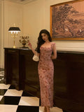 Niulatu Sheath Square Neckline Floral Pink Prom Dresses Birthday Outfits Evening Gown SD1025