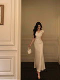 Niulatu Sheath V Neckline Ivory Satin Prom Dresses Birthday Outfits Evening Gown SD1027
