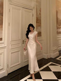 Niulatu Sheath V Neckline Ivory Satin Prom Dresses Birthday Outfits Evening Gown SD1027