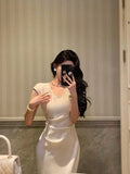 Niulatu Sheath V Neckline Ivory Satin Prom Dresses Birthday Outfits Evening Gown SD1027