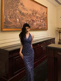 Niulatu Sheath V Neckline Floral Blue Prom Dresses Birthday Outfits Evening Gown SD1028