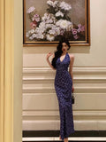 Niulatu Sheath V Neckline Floral Blue Prom Dresses Birthday Outfits Evening Gown SD1028
