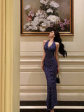 Niulatu Sheath V Neckline Floral Blue Prom Dresses Birthday Outfits Evening Gown SD1028