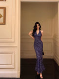 Niulatu Sheath V Neckline Floral Blue Prom Dresses Birthday Outfits Evening Gown SD1028