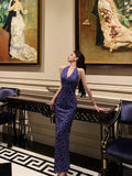 Niulatu Sheath V Neckline Floral Blue Prom Dresses Birthday Outfits Evening Gown SD1028