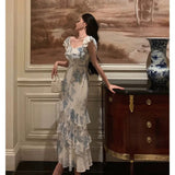 Niulatu French Sheath Blue Floral Ruffles Prom Dresses Birthday Outfits Evening Gown SD1033