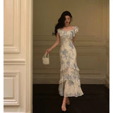 Niulatu French Sheath Blue Floral Ruffles Prom Dresses Birthday Outfits Evening Gown SD1033