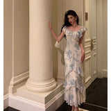 Niulatu French Sheath Blue Floral Ruffles Prom Dresses Birthday Outfits Evening Gown SD1033