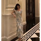 Niulatu French Sheath Blue Floral Ruffles Prom Dresses Birthday Outfits Evening Gown SD1033