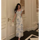 Niulatu French Sheath Blue Floral Ruffles Prom Dresses Birthday Outfits Evening Gown SD1033
