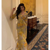 Niulatu Sheath V Neckline Floral Yellow Slit Prom Dresses Birthday Outfits Evening Gown SD1034