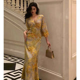 Niulatu Sheath V Neckline Floral Yellow Slit Prom Dresses Birthday Outfits Evening Gown SD1034