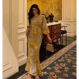 Niulatu Sheath V Neckline Floral Yellow Slit Prom Dresses Birthday Outfits Evening Gown SD1034